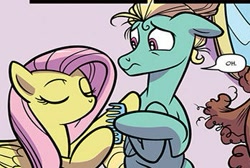 Size: 349x235 | Tagged: safe, artist:kate sherron, character:fluttershy, character:zephyr breeze, species:pegasus, species:pony, spoiler:comic, spoiler:comic74, comb, cropped, eyes closed, female, mare