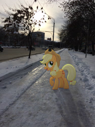 Size: 2448x3264 | Tagged: safe, artist:albertuha, character:applejack, species:earth pony, species:pony, female, irl, mare, photo, ponies in real life, raised hoof, russia, smiling, snow, solo, winter