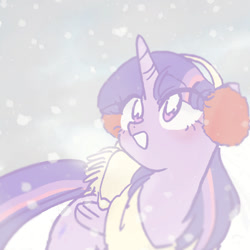 Size: 768x768 | Tagged: safe, artist:xp_r6, character:twilight sparkle, character:twilight sparkle (alicorn), species:alicorn, species:pony, blushing, breath, clothing, cute, earmuffs, female, looking up, mare, open mouth, scarf, smiling, snow, snowfall, solo, twiabetes, winter