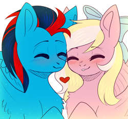 Size: 1637x1525 | Tagged: safe, artist:avrameow, oc, oc only, oc:andrew swiftwing, oc:bay breeze, species:pegasus, species:pony, blushing, bow, couple, cuddling, cute, eyes closed, hair bow, heart, swiftbreeze, wings