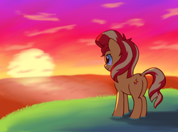 Size: 1310x971 | Tagged: safe, artist:zharkaer, character:sunset shimmer, species:pony, species:unicorn, bacon hair, description is relevant, dock, female, mare, ocean, plot, solo, sunset