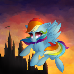 Size: 3472x3472 | Tagged: safe, artist:autumnvoyage, character:rainbow dash, species:pegasus, species:pony, castle, chest fluff, female, floppy ears, looking at you, mare, smiling, solo