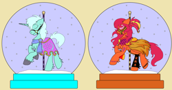 Size: 3720x1968 | Tagged: safe, artist:icey-wicey-1517, artist:rosefang16, oc, oc only, oc:crystal snowflake, oc:fire dancer (ice1517), species:earth pony, species:pony, species:unicorn, bridle, chest fluff, clothing, collaboration, dress, ear fluff, ear piercing, earring, eyes closed, eyeshadow, feather, feather in hair, female, fluffy, jewelry, leg fluff, makeup, male, mare, nose piercing, piercing, pole, raised hoof, scarf, simple background, snow, snow globe, stallion, tack, tattoo, unshorn fetlocks, yellow background