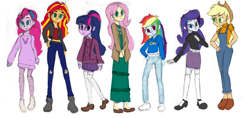 Size: 2020x957 | Tagged: safe, artist:pettypop, character:applejack, character:fluttershy, character:pinkie pie, character:rainbow dash, character:rarity, character:sunset shimmer, character:twilight sparkle, character:twilight sparkle (scitwi), species:eqg human, species:human, my little pony:equestria girls, clothing, colored pupils, cute, dashabetes, diapinkes, dungarees, ear piercing, earring, headband, high heels, humane five, humane seven, humane six, jackabetes, jeans, jewelry, off shoulder, overalls, pants, piercing, pleated skirt, raribetes, ripped jeans, shimmerbetes, shoes, shyabetes, simple background, skirt, socks, sweatshirt, thigh highs, twiabetes, white background, zettai ryouiki