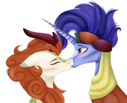 Size: 4686x3802 | Tagged: safe, artist:moonlight0shadow0, character:autumn blaze, character:hoo'far, species:kirin, species:pony, species:unicorn, blushing, crack shipping, eyes closed, female, goggles, hoo'blaze, interspecies, kissing, male, mare, saddle arabian, shipping, simple background, stallion, straight, transparent background