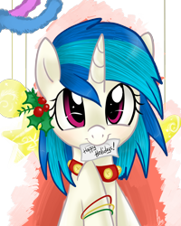 Size: 2000x2500 | Tagged: safe, artist:marisalle, character:dj pon-3, character:vinyl scratch, bell collar, collar, holly, jingle bells, mouth hold
