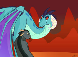 Size: 1024x749 | Tagged: safe, artist:quincydragon, character:princess ember, oc, oc:coxal, parent:garble, parent:pharynx, species:dragon, dragoness, dragonling, duo, female, hybrid, interspecies offspring, magical gay spawn, offspring, wing claws