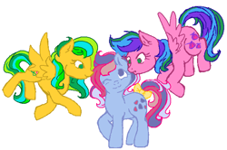 Size: 660x438 | Tagged: safe, artist:skypinpony, character:masquerade (g1), character:sweet stuff, character:whizzer, species:pegasus, species:pony, species:twinkle eyed pony, g1, bow, female, flying, lesbian, ms paint, polyamory, shipping, simple background, sweetwhizzsquerade, tail bow, trio, whizstuff, whizzsquerade