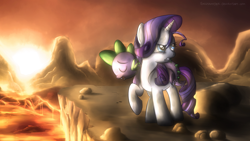 Size: 1366x768 | Tagged: safe, artist:fongsaunder, character:rarity, character:spike, species:dragon, species:pony, species:unicorn, ship:sparity, carrying, cliff, epic, female, glare, interspecies, male, mare, shipping, straight, sunset, wasteland