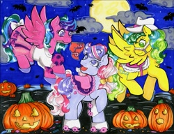 Size: 1317x1012 | Tagged: safe, artist:skypinpony, character:sweet stuff, character:whizzer, g1, clothing, costume, halloween, halloween costume, holiday, jack-o-lantern, masquerade, pony wear, pumpkin