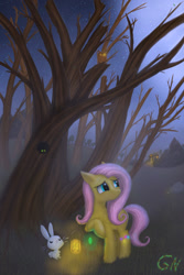 Size: 1000x1500 | Tagged: safe, artist:foxpit, character:angel bunny, character:fluttershy, species:owl, species:pegasus, species:pony, dark forest, dead tree, duo, female, forest, gem, lantern, male, mare, night, tree