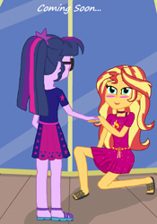 Size: 1148x1640 | Tagged: safe, artist:thomaszoey3000, character:sunset shimmer, character:twilight sparkle, character:twilight sparkle (scitwi), species:eqg human, ship:scitwishimmer, ship:sunsetsparkle, equestria girls:spring breakdown, g4, my little pony: equestria girls, my little pony:equestria girls, spoiler:eqg series (season 2), blushing, censored, clothing, dress, feet, female, geode of empathy, lesbian, magical geodes, promo, sandals, shipping, thomaszoey3000, unnecessary censorship