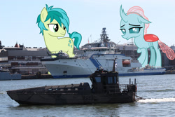 Size: 2700x1800 | Tagged: safe, artist:theotterpony, character:ocellus, character:sandbar, species:pony, ship:ocelbar, boat, female, finland, giant pony, highrise ponies, interspecies, irl, macro, male, photo, ponies in real life, shipping, straight