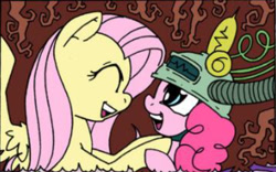Size: 618x385 | Tagged: safe, artist:mohawkrex, artist:whysoseriouss, character:fluttershy, character:pinkie pie, species:pony, comic:a piece of pie, cropped, female, filly, filly pinkie pie, younger