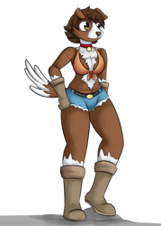 Size: 940x1310 | Tagged: safe, artist:dinobirdofdoom, character:winona, species:anthro, anthro pets, boots, clothing, daisy dukes, female, shoes, shorts, solo