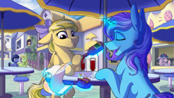 Size: 3556x2000 | Tagged: safe, artist:klarapl, oc, oc only, oc:amber streak, oc:untitled work, species:earth pony, species:pegasus, species:pony, species:unicorn, alcohol, background characters, bits, bottle, bow, cafeteria, canterlot, chair, coin purse, duo focus, duster, eyes closed, female, fence, floppy ears, folded wings, glass, hair bow, heart, hooves on the table, ice cream shop, looking at watch, magic, magic glow, male, mare, obscured cutie mark, paper, parchment, pink eyes, quill, sitting, stallion, table, talking, telekinesis, umbrella, wine, wine glass, wings, writing