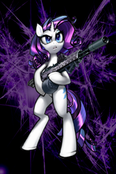 Size: 640x960 | Tagged: safe, artist:quent0s, artist:vombavr, character:rarity, species:pony, species:unicorn, abstract background, badass rarity, bipedal, eotech, female, gun, hoof hold, magpul, mare, open mouth, solo, weapon