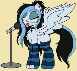 Size: 964x888 | Tagged: safe, artist:rosefang16, oc, oc only, oc:grace, species:pegasus, species:pony, chest fluff, clothing, collar, ear fluff, ear piercing, earring, eyes closed, eyeshadow, female, jewelry, lip piercing, makeup, mare, microphone, multicolored hair, nose piercing, nose ring, open mouth, piercing, simple background, singing, socks, solo, spiked collar, spread wings, striped socks, torn clothes, wing fluff, wings, yellow background