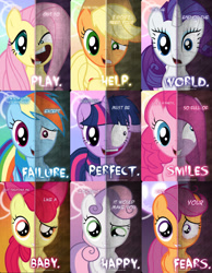Size: 1263x1629 | Tagged: safe, artist:tehjadeh, character:apple bloom, character:applejack, character:fluttershy, character:pinkamena diane pie, character:pinkie pie, character:rainbow dash, character:rarity, character:scootaloo, character:sweetie belle, character:twilight sparkle, character:twilight sparkle (unicorn), species:earth pony, species:pegasus, species:pony, species:unicorn, cutie mark crusaders, mane six, twilight snapple, two sided posters, you're going to love me