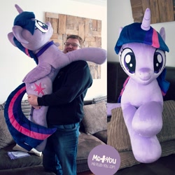 Size: 1600x1600 | Tagged: safe, artist:meplushyou, character:twilight sparkle, character:twilight sparkle (alicorn), species:alicorn, species:human, species:pony, c:, collar, couch, crossed arms, cute, female, holding a pony, irl, irl human, looking at you, lying down, mare, photo, plushie, prone, size difference, smiling