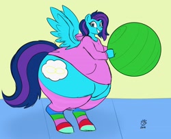 Size: 3056x2476 | Tagged: safe, artist:badgerben, artist:thewindking, oc, oc only, oc:cirrus updraft, species:pony, bbw, clothing, exercise ball, fat, hoodie, huge butt, impossibly large butt, impossibly wide hips, large butt, socks, solo, striped socks, thick, wide hips