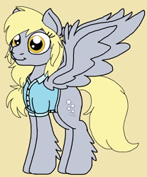Size: 732x884 | Tagged: safe, artist:rosefang16, character:derpy hooves, species:pegasus, species:pony, alternate hairstyle, alternate universe, bubble, clothing, cute, cutie mark, derpabetes, female, leg fluff, mare, polo shirt, shirt, simple background, solo, wing fluff, yellow background
