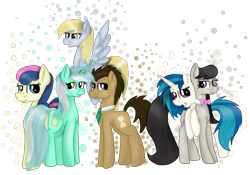 Size: 2795x1956 | Tagged: safe, artist:moonlight0shadow0, character:bon bon, character:derpy hooves, character:dj pon-3, character:doctor whooves, character:lyra heartstrings, character:octavia melody, character:sweetie drops, character:time turner, character:vinyl scratch, species:earth pony, species:pegasus, species:pony, species:unicorn, background six, bow tie, female, flying, male, mare, necktie, simple background, stallion, transparent background