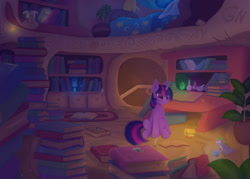 Size: 2100x1500 | Tagged: safe, artist:foxpit, character:owlowiscious, character:spike, character:twilight sparkle, species:owl, species:pony, species:unicorn, bed, book, bookshelf, chest fluff, female, flask, golden oaks library, helmet, horned helmet, inkwell, lantern, library, mare, mousetrap, night, pepe the frog, poison joke, quill, scroll, spider web, viking helmet