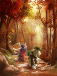 Size: 1280x1706 | Tagged: safe, artist:klarapl, oc, oc only, oc:green, oc:sahara, species:bat pony, species:pegasus, species:pony, autumn, clothing, commission, duo, fanfic art, female, forest, hoodie, male, mare, scenery, snow, stallion
