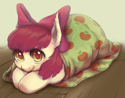 Size: 2112x1665 | Tagged: safe, artist:taytinabelle, character:apple bloom, species:earth pony, species:pony, adorabloom, apple, apple bloom's bow, blanket, blanket burrito, bow, burrito, colored pupils, cute, dawwww, female, filly, food, hair bow, hnnng, looking at you, smiling, solo, weapons-grade cute