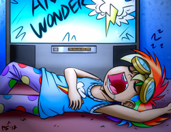 Size: 1280x989 | Tagged: safe, artist:megasweet, artist:trelwin, character:rainbow dash, armpits, clothing, drool, female, goggles, humanized, pajamas, sleeping, solo, television, younger, zzz