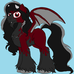 Size: 1648x1643 | Tagged: safe, artist:rosefang16, oc, oc only, oc:winter's howl, species:demon pony, species:pony, bat wings, blue background, chains, demon, horns, male, markings, nose piercing, nose ring, piercing, simple background, solo, stallion, unshorn fetlocks, wings