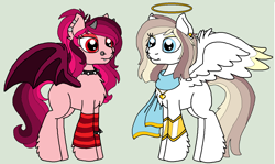 Size: 1548x920 | Tagged: safe, artist:rosefang16, oc, oc only, oc:golden glow, oc:primrose flare, parents:oc x oc, species:demon pony, species:pony, bat wings, chest fluff, choker, clothing, demon, duo, ear piercing, earring, eyeshadow, female, fluffy, gray background, halo, horns, jewelry, leg fluff, makeup, mare, necklace, nose piercing, nose ring, parent:oc:heavenly radiance, parent:oc:winter's howl, piercing, scarf, siblings, simple background, sisters, socks, spiked choker, striped socks, wing fluff, wings