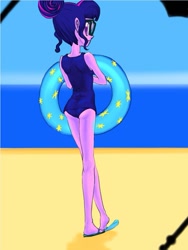 Size: 757x1009 | Tagged: safe, artist:xjleiu, character:twilight sparkle, character:twilight sparkle (scitwi), species:eqg human, species:human, my little pony:equestria girls, ass, beach, clothing, colored pupils, cute, feet, female, flip-flops, inner tube, one-piece swimsuit, pixiv, sandals, solo, swimsuit, twiabetes