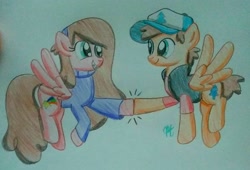 Size: 2364x1606 | Tagged: safe, artist:prinrue, species:pony, clothing, dipper pines, female, gravity falls, hat, hoofbump, mabel pines, male, mare, pine tree, shooting star, siblings, smiling, stallion, sweater, traditional art, tree, vest