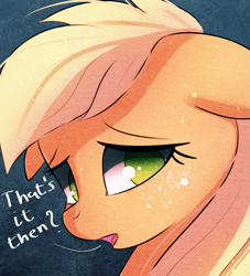 Size: 1267x1396 | Tagged: safe, artist:autumnvoyage, character:applejack, species:earth pony, species:pony, spoiler:s09, bust, cute, dialogue, end of ponies, female, floppy ears, in-universe pegasister, jackabetes, mare, no pupils, open mouth, portrait, sad, sadorable, series finale blues, solo, text, that's it then?