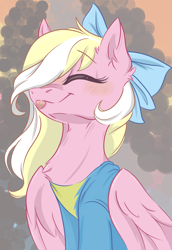 Size: 3626x5276 | Tagged: safe, artist:sparkling_light, derpibooru original, oc, oc only, oc:bay breeze, species:pegasus, species:pony, blep, blushing, bow, chest fluff, clothing, cute, ear fluff, eyes closed, female, hair bow, hair over one eye, hoodie, mare, silly, tongue out, wonderbolt hooded sweatshirt