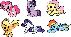 Size: 3758x1983 | Tagged: safe, artist:clawed-nyasu, character:applejack, character:fluttershy, character:pinkie pie, character:rainbow dash, character:rarity, character:twilight sparkle, :o, blushing, bucking, c:, chibi, cute, floppy ears, looking at you, mane six, prone, simple background, sitting, smiling, smirk, transparent background