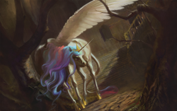 Size: 1920x1206 | Tagged: safe, artist:bra1neater, character:princess celestia, species:alicorn, species:classical unicorn, species:pony, ethereal mane, everfree forest, female, fine art emulation, hoers, leonine tail, mare, realistic anatomy, solo, spread wings, stairs, wings