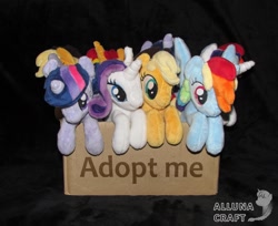 Size: 1714x1400 | Tagged: safe, artist:allunacraft, character:applejack, character:rainbow dash, character:rarity, character:sunset shimmer, character:twilight sparkle, species:pony, adoption, applejack's hat, box, bronybait, clothing, cowboy hat, female, hat, horn, irl, mare, photo, plushie