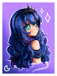 Size: 1280x1689 | Tagged: safe, artist:kawurin, character:princess luna, species:human, abstract background, anime, anime style, clothing, digital art, female, humanized, jewelry, regalia, simple background, solo, sparkles, tiara