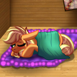 Size: 894x894 | Tagged: safe, artist:vale-bandicoot96, character:applejack, species:earth pony, species:pony, apple, blanket, cute, female, food, hut, jackabetes, lying down, mare, missing accessory, one eye closed, rug, solo