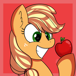 Size: 894x894 | Tagged: safe, artist:vale-bandicoot96, character:applejack, species:earth pony, species:pony, apple, bust, cute, female, food, holding, jackabetes, mare, missing accessory, red background, silly, silly pony, simple background, smiling, solo, that pony sure does love apples