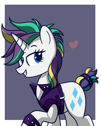 Size: 800x1000 | Tagged: safe, artist:vale-bandicoot96, character:rarity, species:pony, species:unicorn, episode:it isn't the mane thing about you, g4, my little pony: friendship is magic, alternate hairstyle, bracelet, clothing, cute, female, heart, jewelry, mare, one hoof raised, punk, punkity, raribetes, smiling, solo, spiked wristband, studded bracelet, wristband
