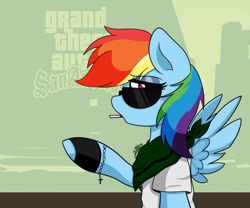 Size: 979x816 | Tagged: safe, artist:vale-bandicoot96, character:rainbow dash, species:pegasus, species:pony, bandana, cigarette, clothing, crossover, female, grand theft auto, gta san andreas, mare, one hoof raised, solo, sunglasses, wings