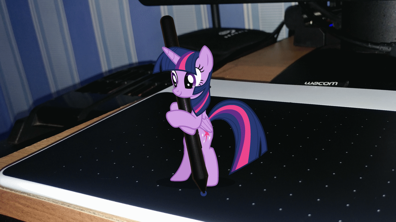 Size: 1280x720 | Tagged: safe, artist:tridashie, character:twilight sparkle, character:twilight sparkle (alicorn), species:alicorn, species:pony, animated, bipedal, cute, drawing, drawing tablet, female, gif, hoof hold, hug, irl, mare, photo, ponies in real life, solo, standing, stylus, twiabetes