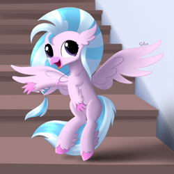 Size: 800x800 | Tagged: safe, artist:songbirdserenade, character:silverstream, species:classical hippogriff, species:hippogriff, cute, diastreamies, female, open mouth, solo, spread wings, stairs, that hippogriff sure does love stairs, wings