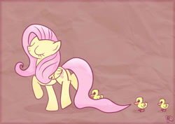 Size: 770x546 | Tagged: safe, artist:balloons504, character:fluttershy, species:bird, species:duck, species:pegasus, species:pony, duckling, eyes closed, female, mare, signature, smiling, solo, walking