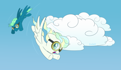 Size: 3431x2000 | Tagged: safe, artist:esfelt, character:sky stinger, character:vapor trail, species:pegasus, species:pony, g4, cloud, duo, female, flying, goggles, male, mare, open mouth, sky, stallion