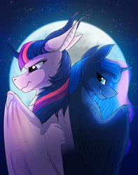 Size: 794x1007 | Tagged: safe, artist:klarapl, character:princess luna, character:twilight sparkle, character:twilight sparkle (alicorn), species:alicorn, species:dragon, species:pony, back to back, commission, dragonified, fanfic, fanfic art, fanfic cover, female, horn, implied lesbian, implied shipping, implied twiluna, mare, moon, night, species swap, stars, twilidragon, wings